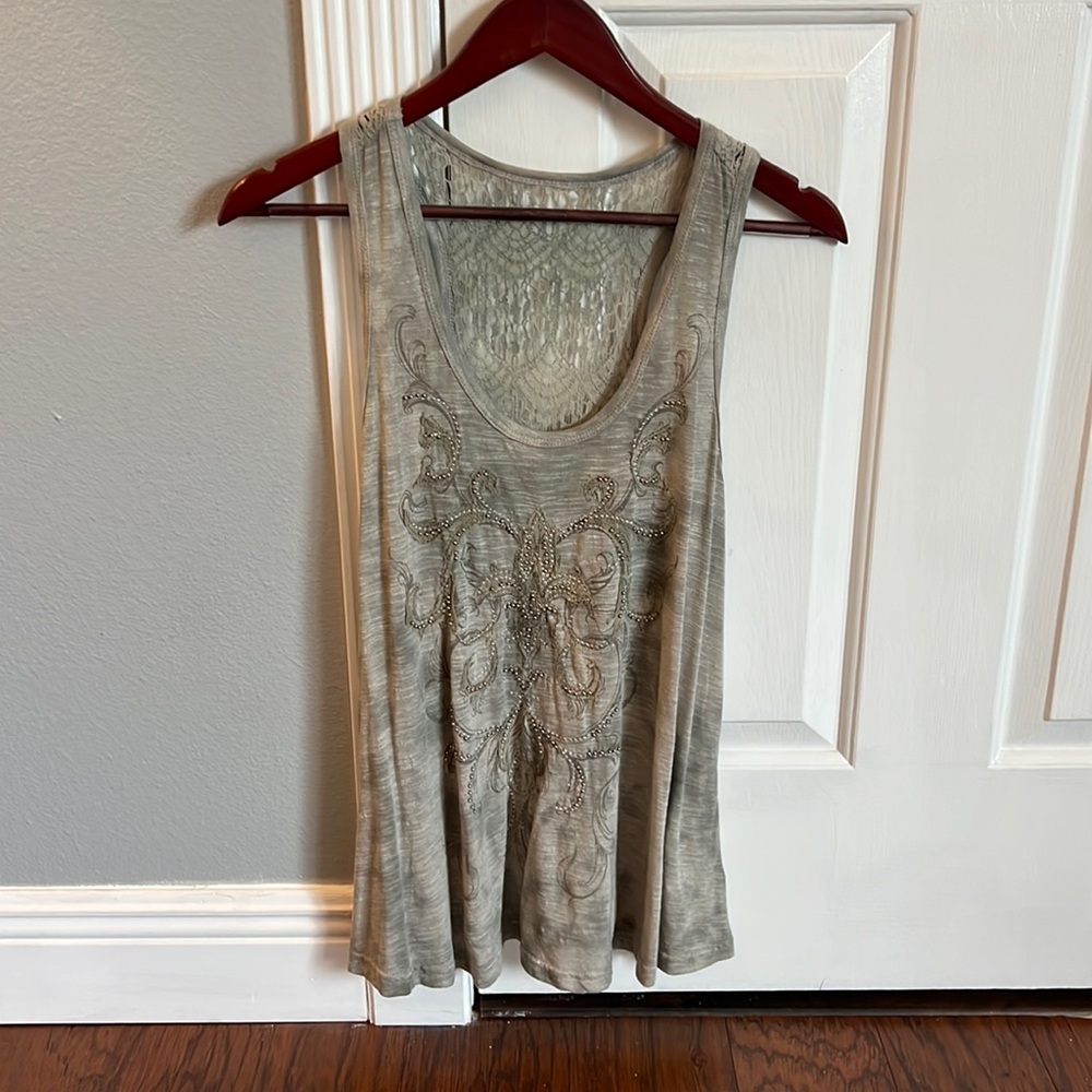 Miss Me shirt, size small. Soft gray hues with silver embellishments. Like new.